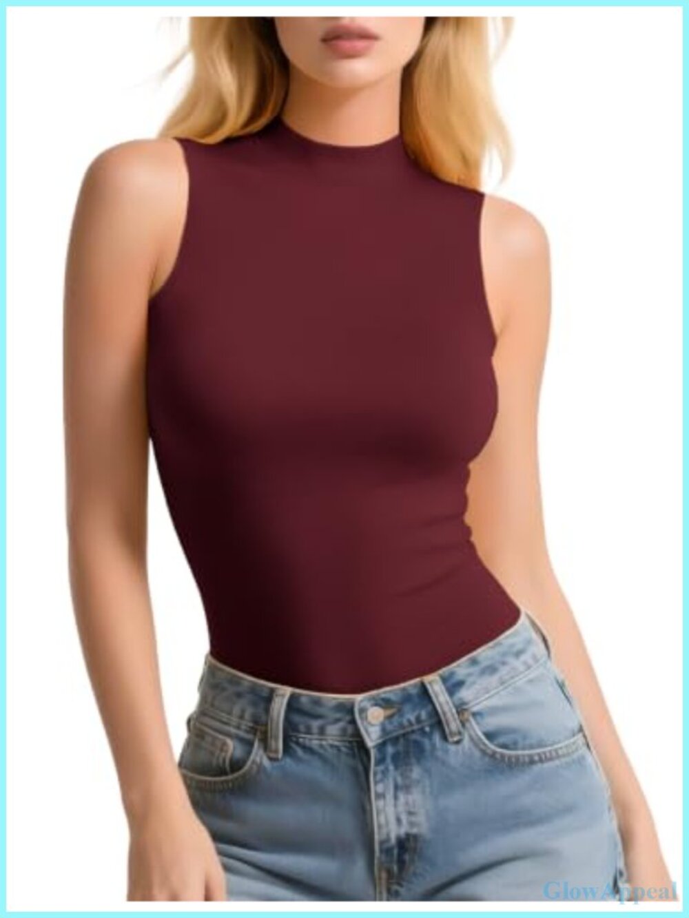 Sleeveless Mock Turtleneck Tank Top Ribbed Knit Layer